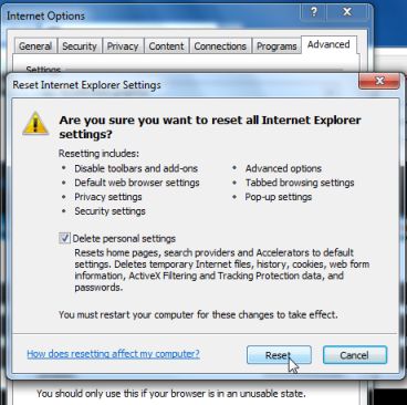 Internet Explorer kembali ke pengaturan default