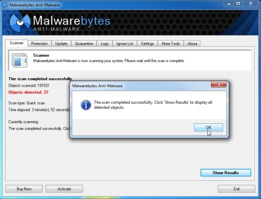 [Imagem: resultados Malwarebytes Anti-Malware Scan]