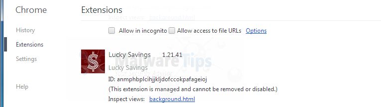 In the Extensions tab,remove the Lucky Savings and Lucky Savings Widget extensions by clicking on the Recycle Bin next to the plugin.