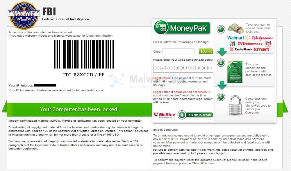 [Image: FBI Anti-Piracy Warnig Greendot MoneyPak scam]