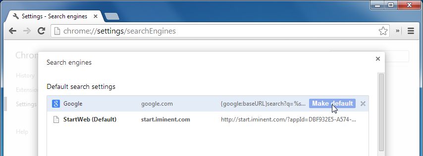 Search for Iminent StartWeb (search.iminent.com) in the Search Engines list, and click the X button that appears at the end of the row.