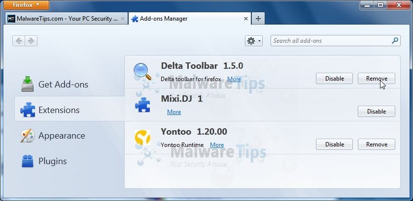 [Image: Remove Delta Toolbar, Mixi.DJ and Yontoo from Firefox]
