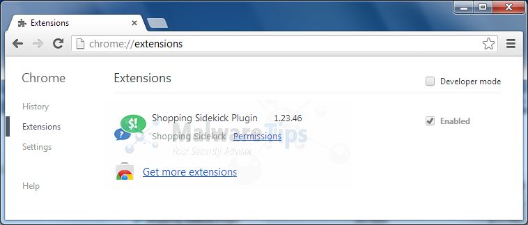 In the Extensions tab,remove the Shopping Sidekick Plugin extension by clicking on the Recycle Bin next to the plugin.