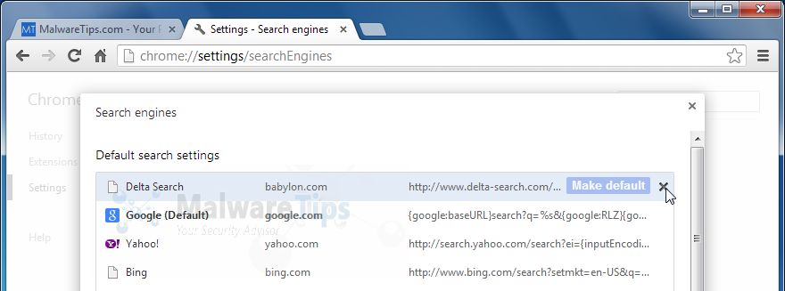 [Image: Delta Search Chrome redirect virus removal]