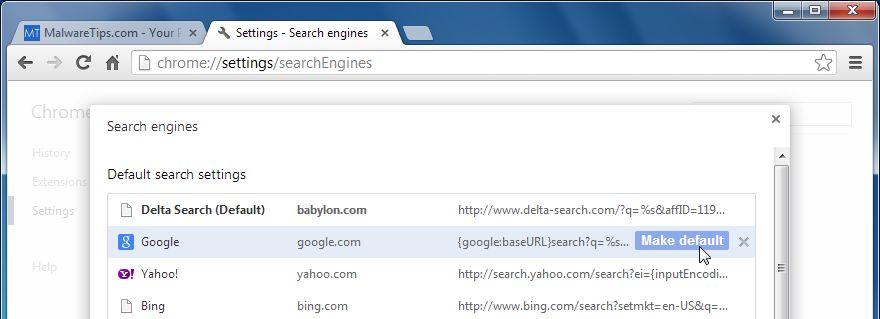[Image: Delta Search Chrome redirect removal]