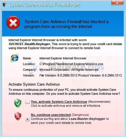[Image: System Care Antivirus Firewall Alert]