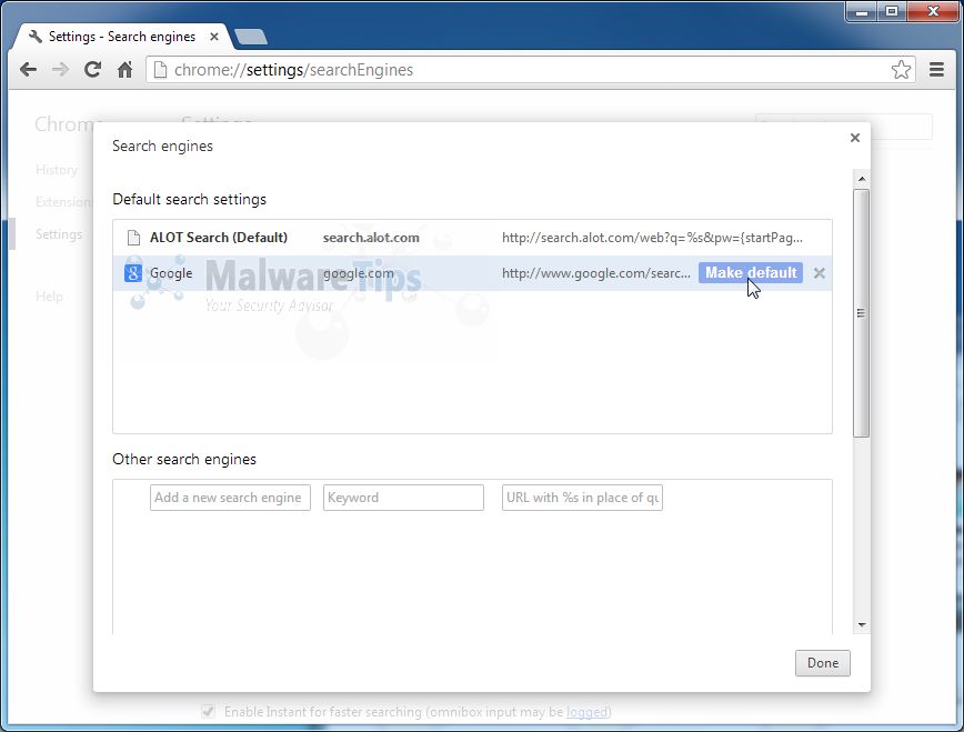 Search for Alot Search in the Search Engines list, and click the X ...