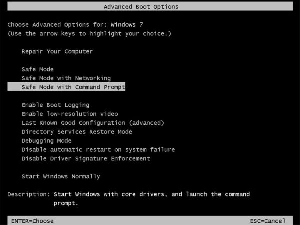 [Image: Starting computer in Safe Mode with Command Prompt]