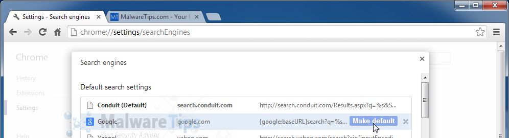 Search for Conduit Search in the Search Engines list, and click the X ...