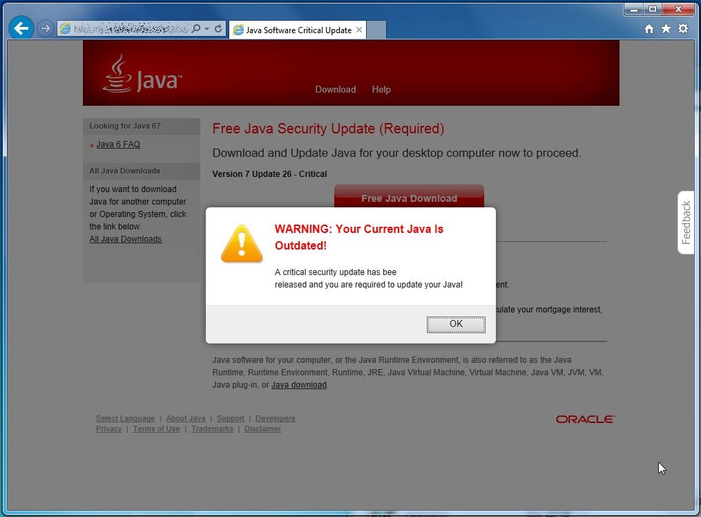 [Image: Java Software Critical Update pop-up virus]
