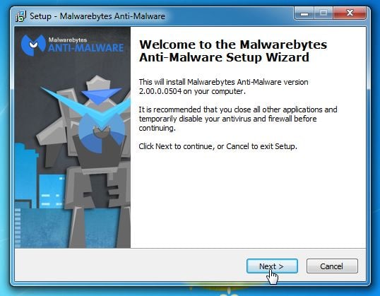 When the installation begins, you will see the Malwarebytes Anti-Malware Setup Wizard which will guide you through the installation process.