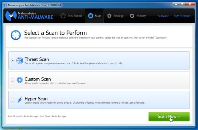 [Image: Malwarebytes Anti-Malware Threat Scan]