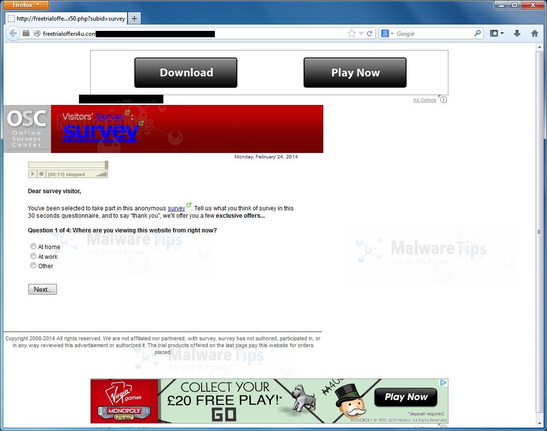 Surveys Center pop-up ad within Internet Explorer, Firefox or Google 