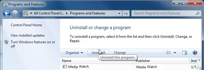 [Image: Uninstall Media Watch program from Windows]