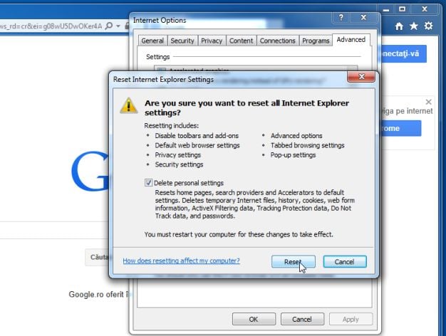 [Imagem: Redefinir o Internet Explorer para suas configurações padrão para remover Info]