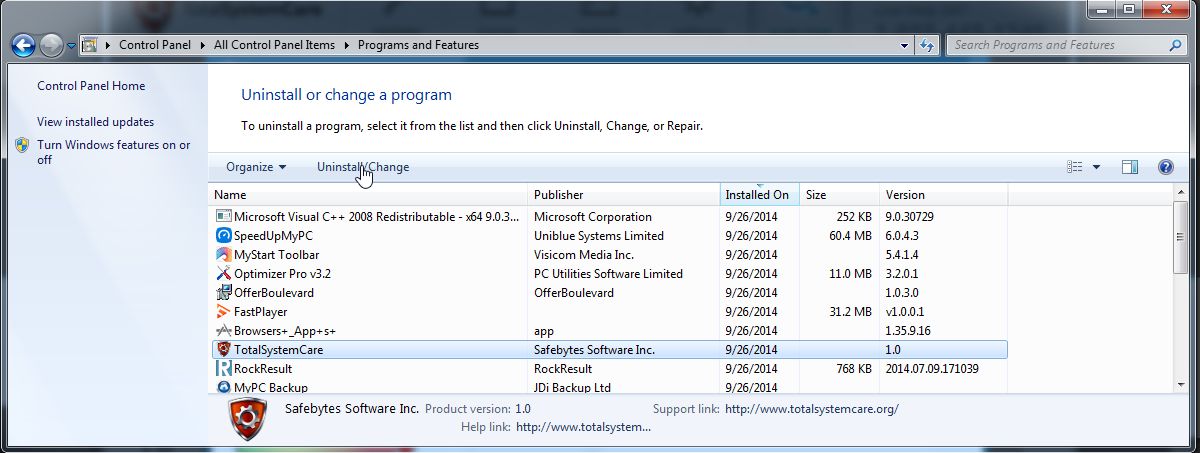 Remove Total System Care from Windows