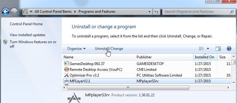 Remove MP1ayerV2.1 from Windows