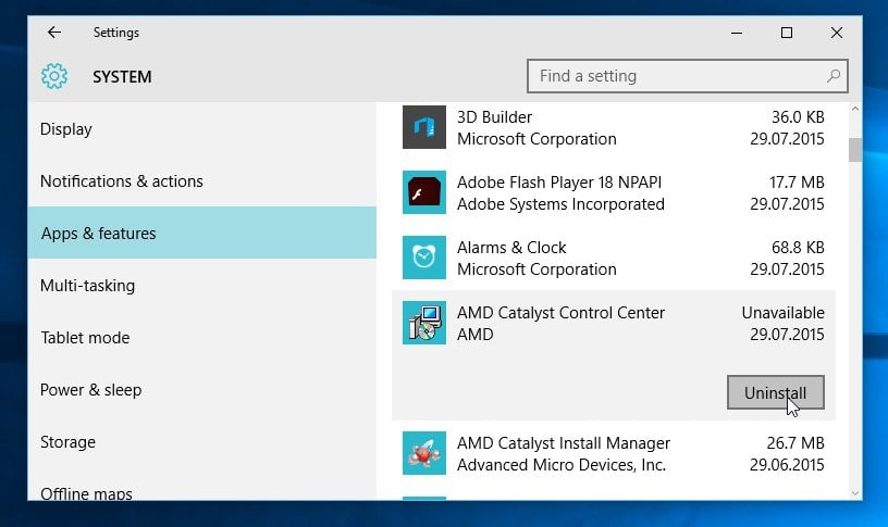 how to uninstall a application in windows 10