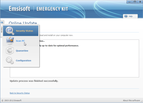 Scan tab on Emsisoft Emergency Kit