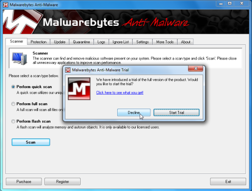 [Image: Decline Malwarebytes trial]