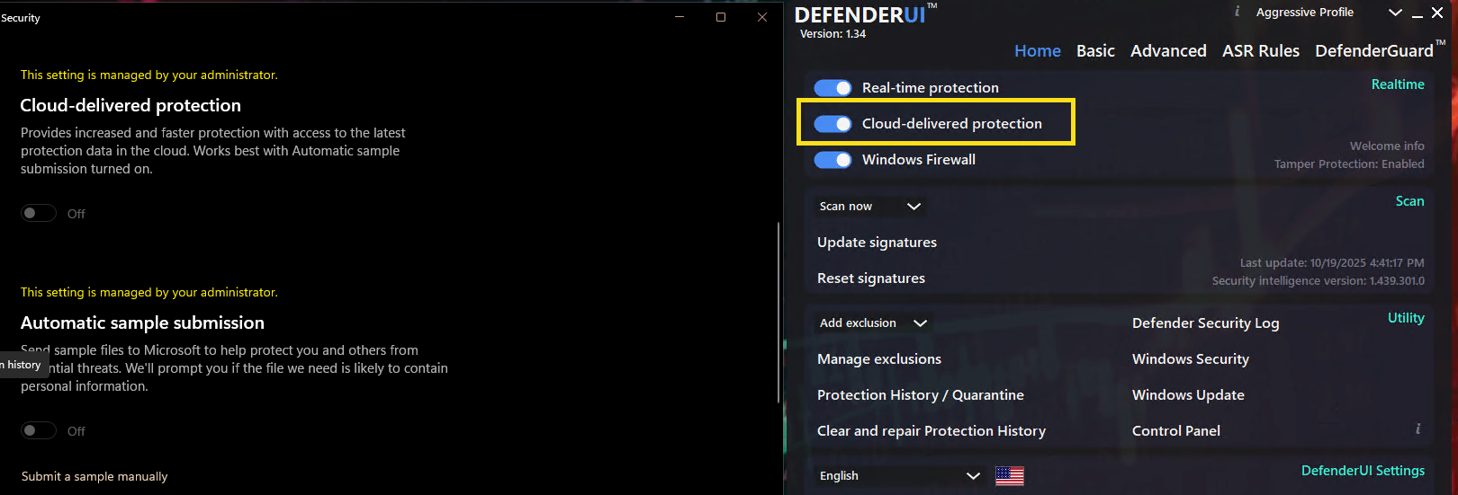 Thread 'DefenderUI Cloud-delivered protection is off'