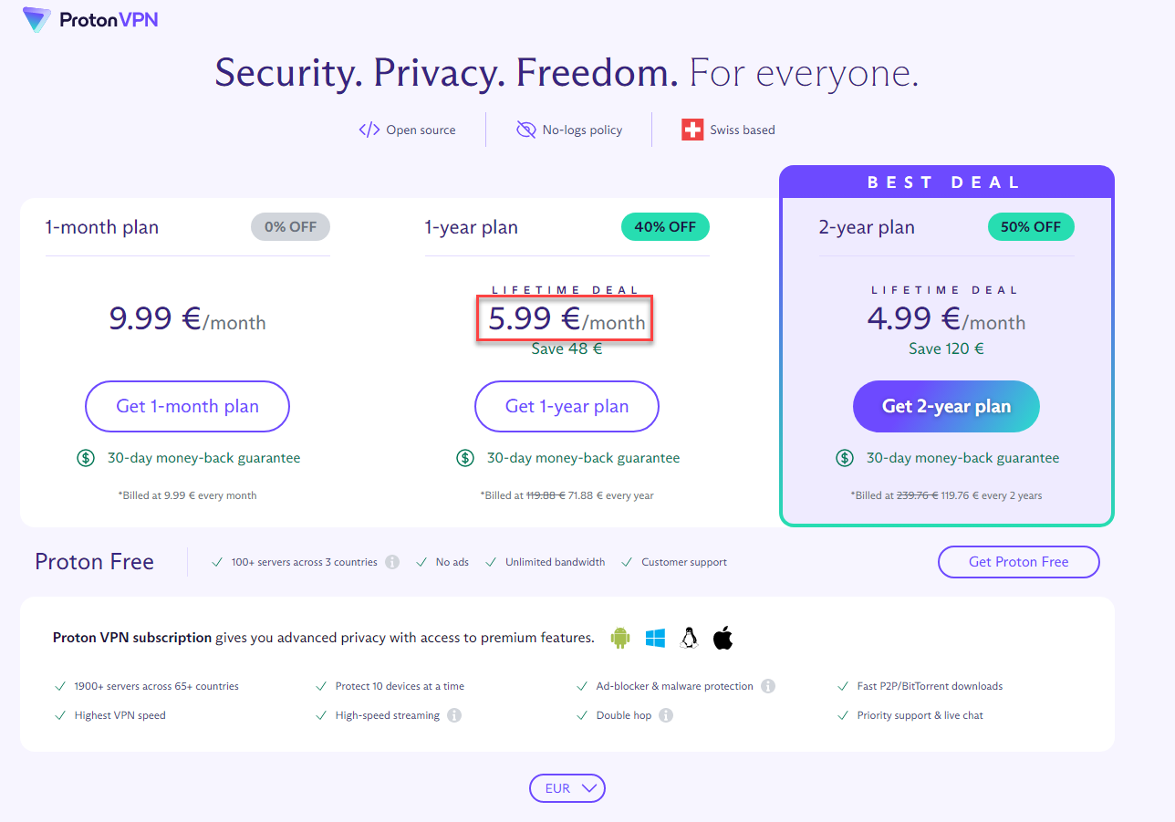 Compare Proton VPN Free and paid plans