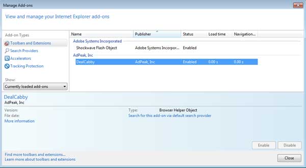 [Image: DealCabby add-on in Internet Explorer]