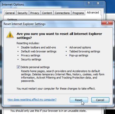 Internet Explorer вернется к настройкам по умолчанию, чтобы удалить вирус Ads.Clicksor.com