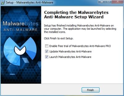 [Image: Malwarebytes Anti-Malware final installation screen]