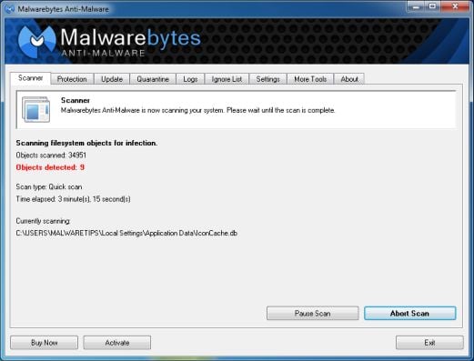 [Image: Malwarebytes Anti-Malware scanning for RightSaver virus