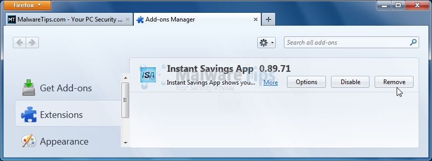 [Image: InstantSavingsApp Firefox extension]