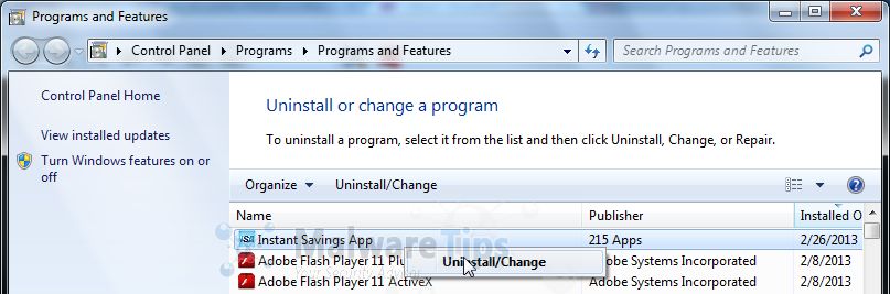 [Image: Uninstall InstantSavingsApp program]