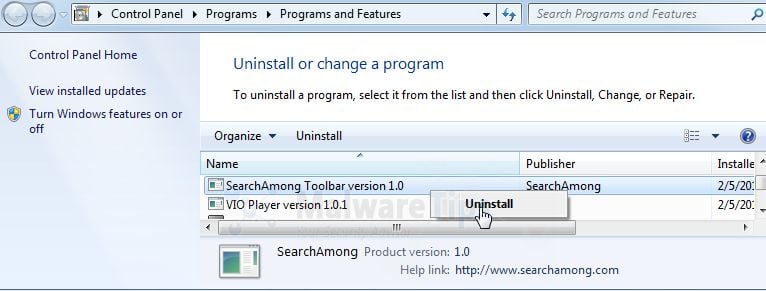 [Image: Uninstall SearchAmong Toolbar]