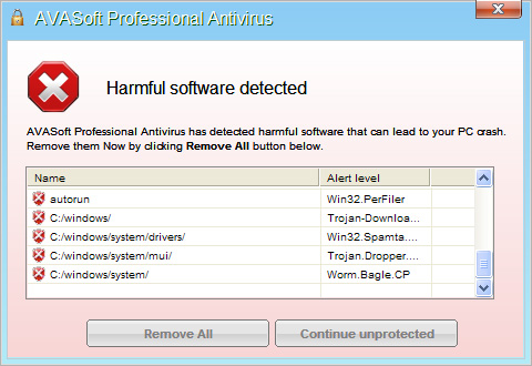 [Image: AVASoft Professional Antivirus Harmful Software Detected]