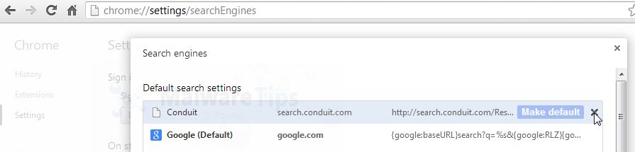 [Image: Click on X to remove Conduit Search from Chrome]