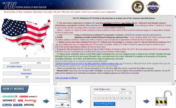 [Image: FBI lock screen virus (REloadit Pack Scam)]