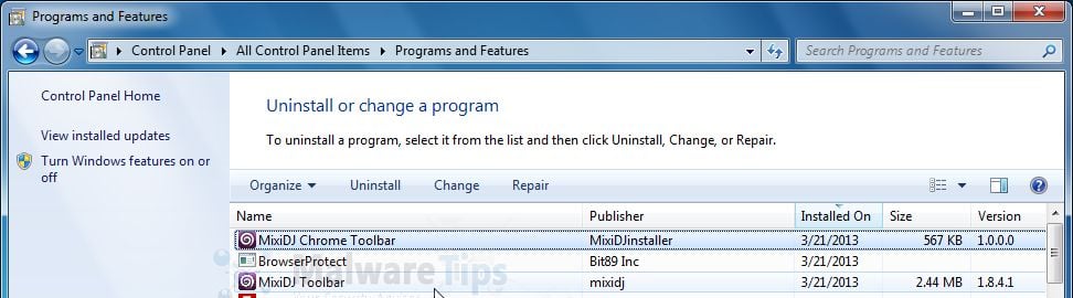 [Image: Uninstall MixiDJ Toolbar, BrowserProtect and MixiDJ Chrome Toolbar]