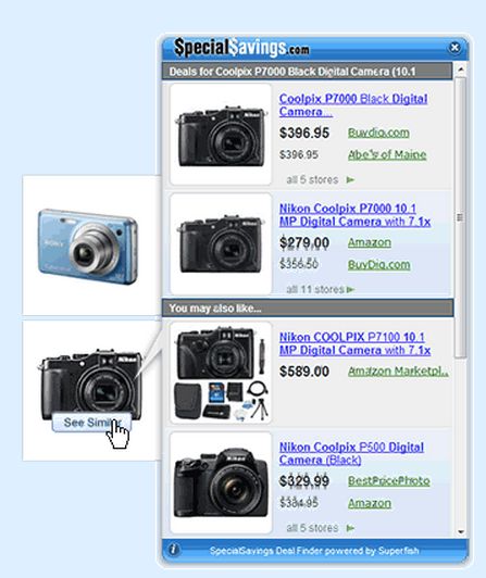 [Image: SpecialSavings Deal Finder pop-ups]