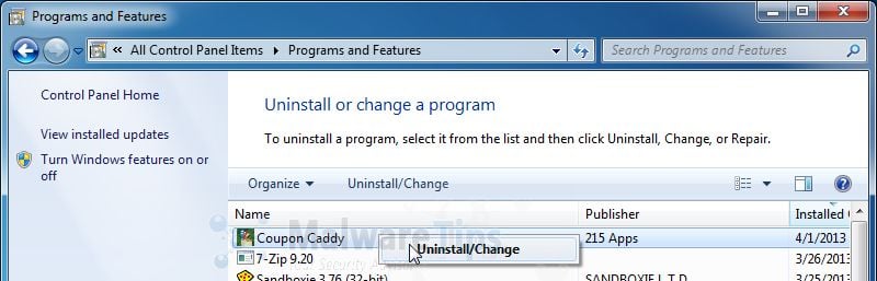 [Image: Uninstall Coupon Caddy program]