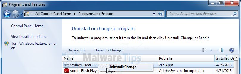 [Image: Uninstall Savings Slider program]