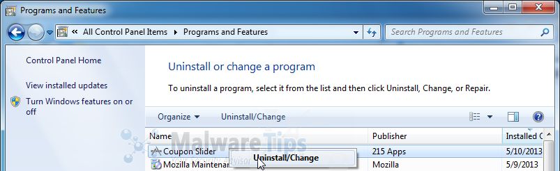 [Image: Uninstall Coupon Slider program]