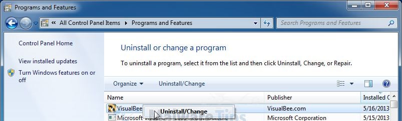 [Image: Uninstall VisualBee Toolbar program]