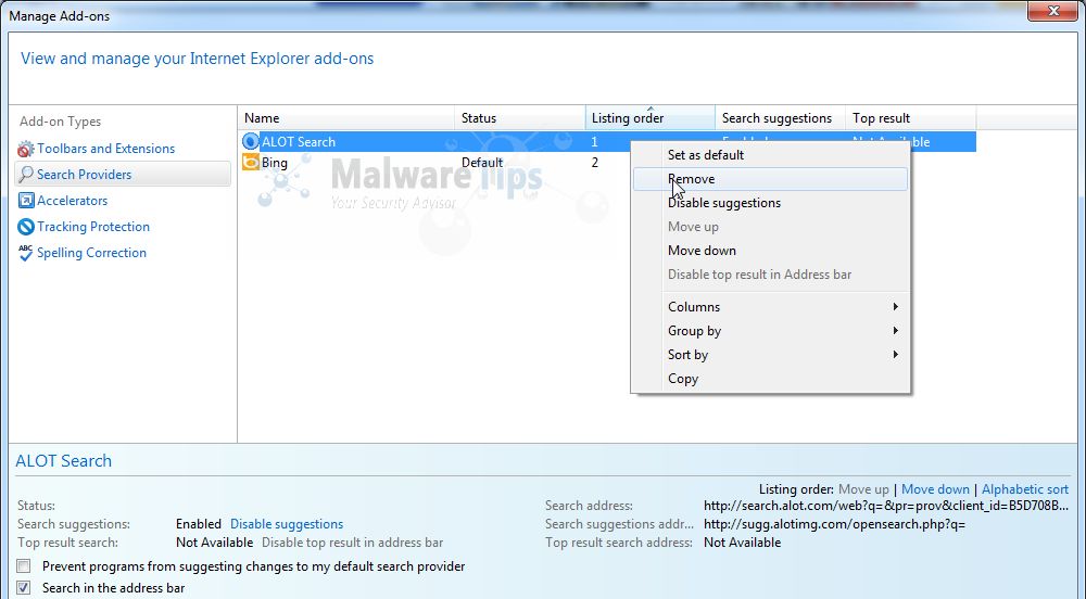 [Image: Alot Search Internet Explorer removal]