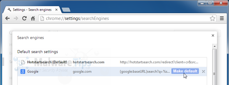 [Image: hotstartsearch Chrome redirect]