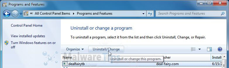 [Image: Uninstall Deal Fairy program from Windows]