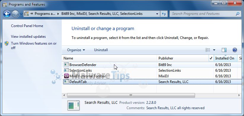 [Image: Uninstall Default Tab by Search Results programs]