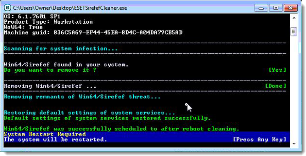 ESETSirefefCleaner Press Y to remove malware