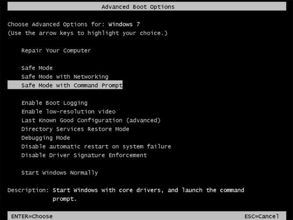 [Image: Starting computer in Safe Mode with Command Prompt]