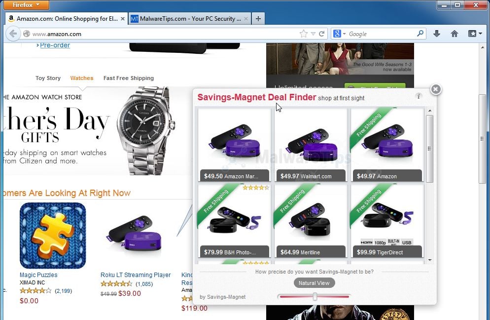 [Image: Savings-Magnet Deal Finder pop-up ads]