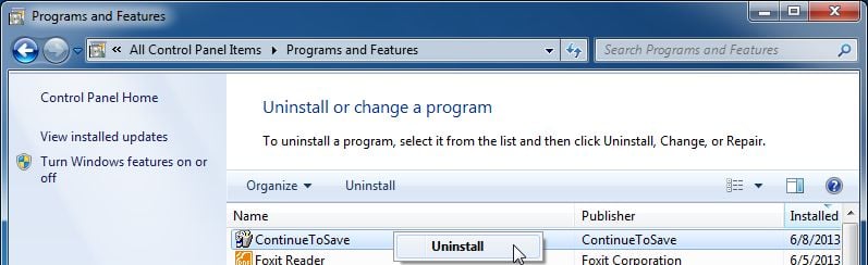 [Image: Uninstall Savings-Magnet Deal Finder program]